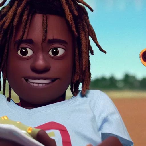 Prompt: a cinematic film still from a 2022 Pixar movie about Juice WRLD, in the style of Pixar, shallow depth of focus