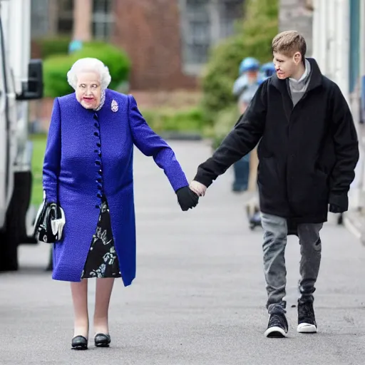 Image similar to pete davidson walking on the street, holding hands with queen elizabeth, candid photo