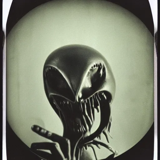 Prompt: polaroid photograph of portrait horrorific alien, 1 9 5 0