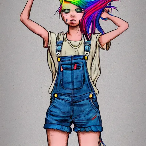 Image similar to a portrait of an beautiful grungy female with rainbow hair, dainty figure, torn overalls, short shorts, combat boots, wet tshirt, raining, made by viktor antonov, illustration, extremely detailed, beautiful,