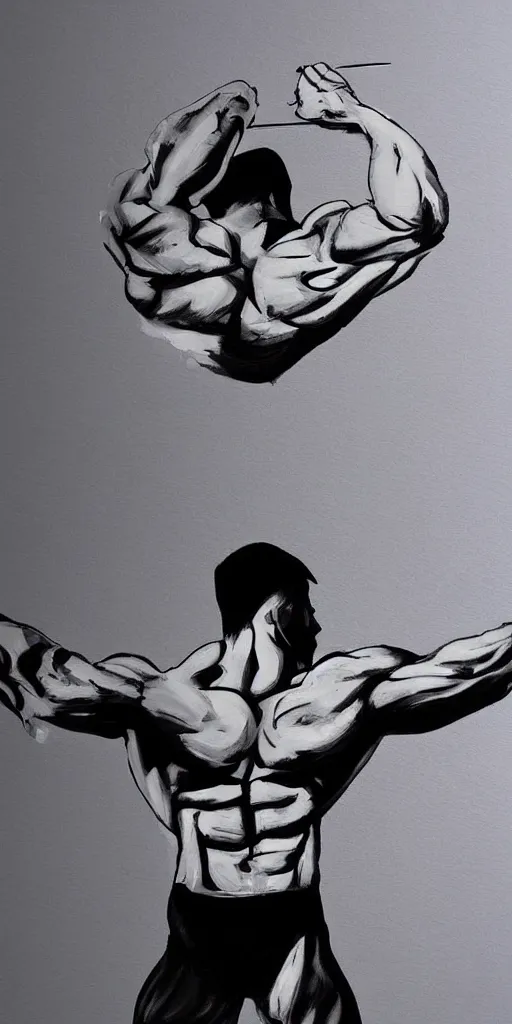 Image similar to thick long paint brush strokes, outline suggesting the physique of one!!! thin athletic man doing pullup, matte paint colors, minimal painting, negative space, long flowing brush strokes, very abstract trending on artstation