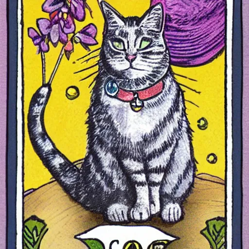 Prompt: detailed art tarot card with cat