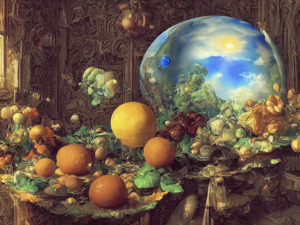 Image similar to 3 d render, sunlight study, the universe is a spheroid region 7 0 5 meters in diameter, art nouveau, by cornelis de heem and ( ( ( ( ( lisa frank ) ) ) ) ), 8 k, sharp focus, octane render