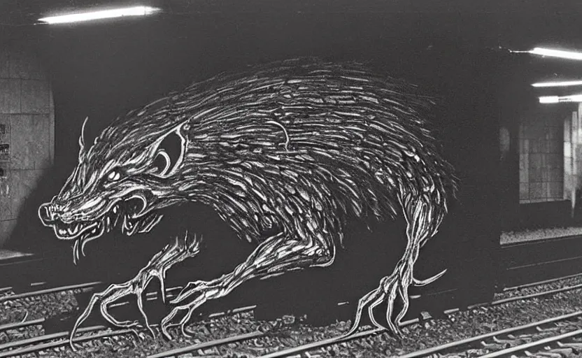 Image similar to very large giant mutant zombie irradiated ( angry rat ) staying on railways in tonnel of moscow subway. tonnel, railways, giant angry rat, furr, fangs, claws, very realistic. extreme long shot, herman nitsch and herman nitsch, giger.