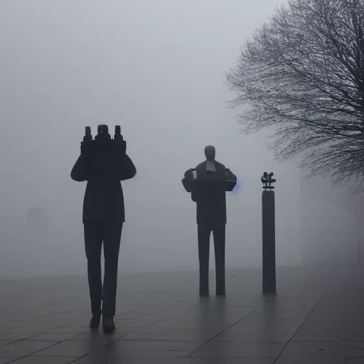 Prompt: A person walks through the banking district of London. Evening atmosphere, deep fog, it is wet. You can see lights and modernist sculptures. Photo by Martin Parr
