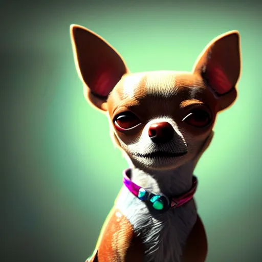 Image similar to an anthropomorphic chihuahua living in an extradimensional reality where it is a god, in the style of wlop, illustration, epic, fantasy, hyper detailed, smooth, unreal engine, sharp focus, ray tracing, physically based rendering, renderman, beautiful