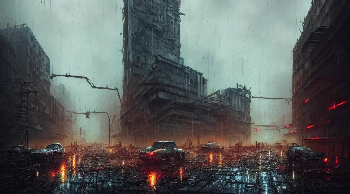 Image similar to post apocalyptic city building, raining, building, avenue, modern contemporary urban americana concrete architecture, paved roads, by greg rutkowski trending on artstation, photorealistic, neon ambiance, ultra detailed, high definition, depth of field, bokeh, wild vegetation, blood stains, crumbling, post - apocalyptic warriors