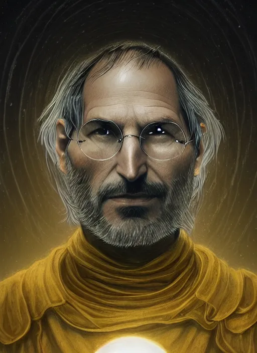 Image similar to portrait of steve jobs, white glowing eyes, silver shaggy hair, cloak, male, fantasy, extremely detailed, digital painting, artstation, concept art, sharp focus, illustration, stunning lighting, artgerm, alphonse mucha, simon stalenhag, light atmosphere, golden ratio, cinematic lighting, hyperdetailed, marc simonetti, greg rutkowski, 8 k