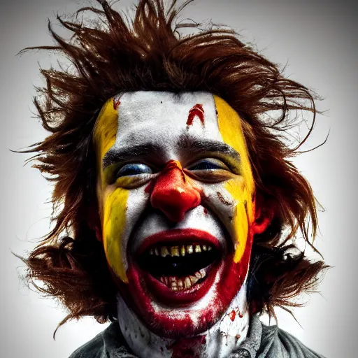 Image similar to film still photo portrait of a crazed homeless beaten up ronald mcdonald, realistic, hyperrealistic, 8 k resolution, hd quality, very detailed, highly detailed, intricate details, real life, real world, trending on artstation, digital art, really realistic, very realistic, headshot, head in frame, photograph, portrait