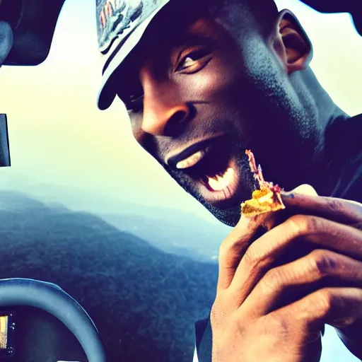 Image similar to selfie of kobe bryant holding a smokie joint in a helicopter, smoke around him, 8k resolution, hyper detailed, shot in the air