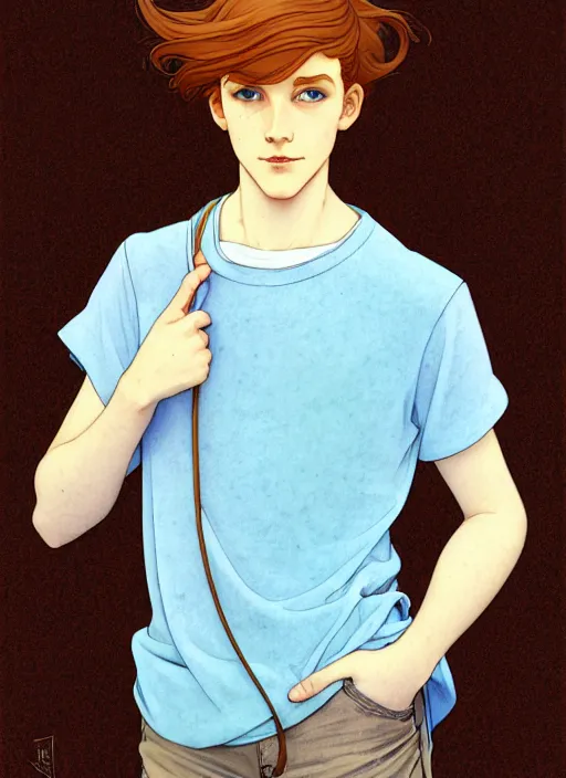 Image similar to art nouveau portrait of a teen boy with completely straight auburn hair, light blue eyes, pale skin, freckles, sad expression, t - shirt, modern casual clothing, natural lighting, path traced, highly detailed, high quality, cartoon, digital painting, by don bluth and ross tran and studio ghibli and alphonse mucha