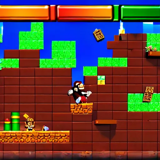 Image similar to Donkey Kong in a beautiful mine with shiny crystals on the wall, floating barrels and minecarts. In-game screenshot.