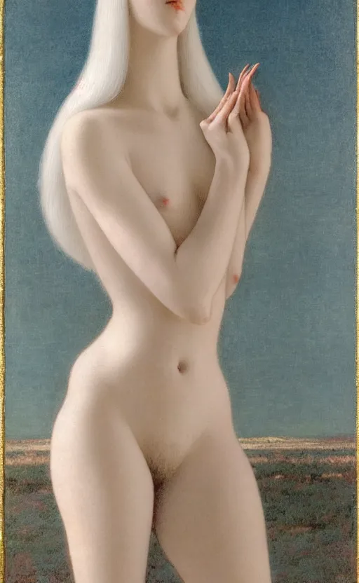 Image similar to Say who is this with silver hair so pale and Wan! and thin? beautiful lone single feminine!! angel, Venus Aphrodite, in the style of Jean Delville, Lucien Lévy-Dhurmer, Fernand Keller, Fernand Khnopff, oil on canvas, 1896, 4K resolution, aesthetic, mystery