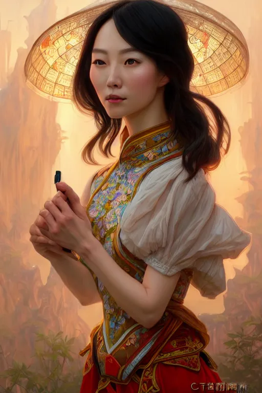 Prompt: clear portrait of a chinese attractive women, cottagecore!!, background hyper detailed, character concept, full body, dynamic pose, glowing lights!! intricate, elegant, highly detailed, digital painting, artstation, concept art, smooth, sharp focus, illustration, art by artgerm and greg rutkowski and alphonse mucha