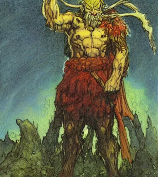 Prompt: A colored pencil concept art of a druid at the beginning of the world by Alan Lee, Mike Mignola and Frank Frazetta