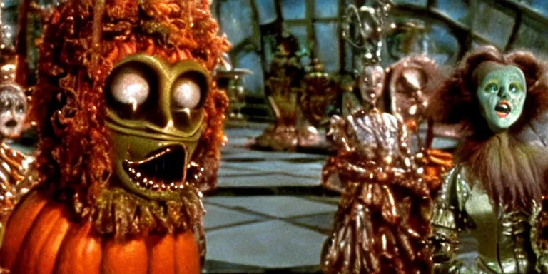 Prompt: cinematography of the 1985 film Return To Oz Character Jack pumpkin head standing in the mirrored palace of princess Mombi in the style of the 1985 film Return To Oz Shot on Film by Return To Oz Cinematographer David Watkin on a cooke panchro 18mm lens.