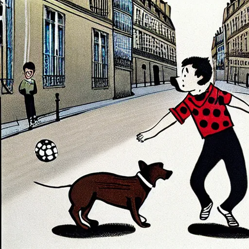 Image similar to book illustration of a french boy on the streets of paris playing football against a corgi, the dog is wearing a polka dot scarf, 1 9 6 6