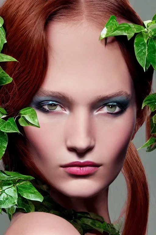 Image similar to A beautiful portrait of Daria Strokous smiling as Poison Ivy from GTA V as a Versace fashion model Spring/Summer 2010, highly detailed, in the style of cinematic, Getty images, Milan fashion week backstage, Extreme close up, Makeup by Pat McGrath, Hair by Guido Palau, Greg rutkowski