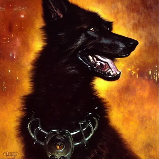 Image similar to portrait black german shepard dogman humanoid!!! bipedal!!! canine neuromancer. spaceship futuristic city. shadowrun cyberpunk fantasy d & d painting by gaston bussiere craig mullins jc leyendecker gustav klimt artgerm greg rutkowski john berkey, bergey, craig mullins, ruan jia, raymond swanland, tom lovell