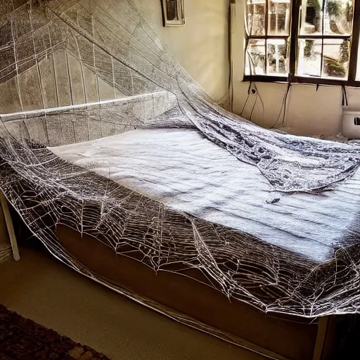 Image similar to bed made entirely of spider webs. pillow made of spider webs. blanket made of spider webs. detailed beautiful photography. intricate. photorealistic.