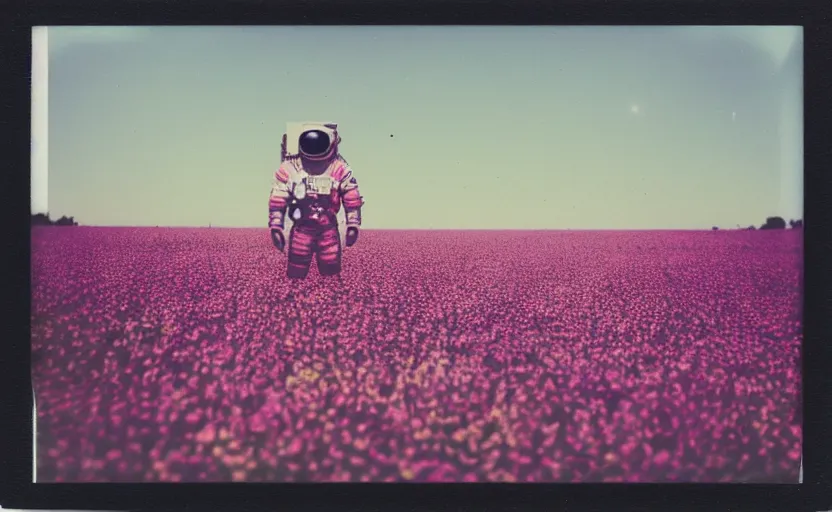 Prompt: analog polaroid of an astronaut in a field full of flowers, pink and purple color bleed, black sky visible in background