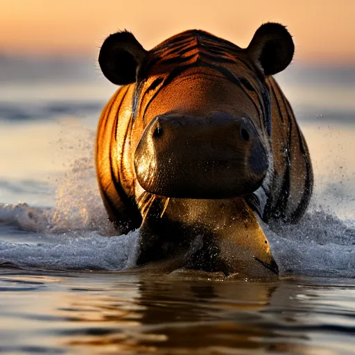 Image similar to a closeup photorealistic photograph of a cute tiger hippo playing volleyball at the beach during sunset. Surf in the background. This 4K HD image is Trending on Artstation, featured on Behance, well-rendered, extra crisp, features intricate detail and the style of Unreal Engine.