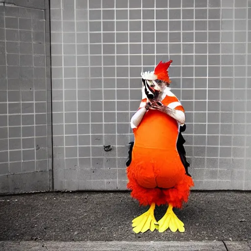 Image similar to chicken dressed as an inmate, real photography, police statiom