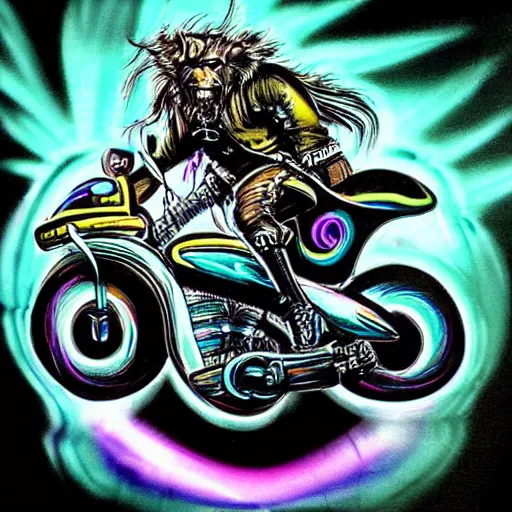 Image similar to psychedelic blacklight airbrush artwork, hyper stylized action shot of an orc biker riding a motorcycle, clear focused details, radical 9 0 s, soft airbrushed edges and gradients on a black background