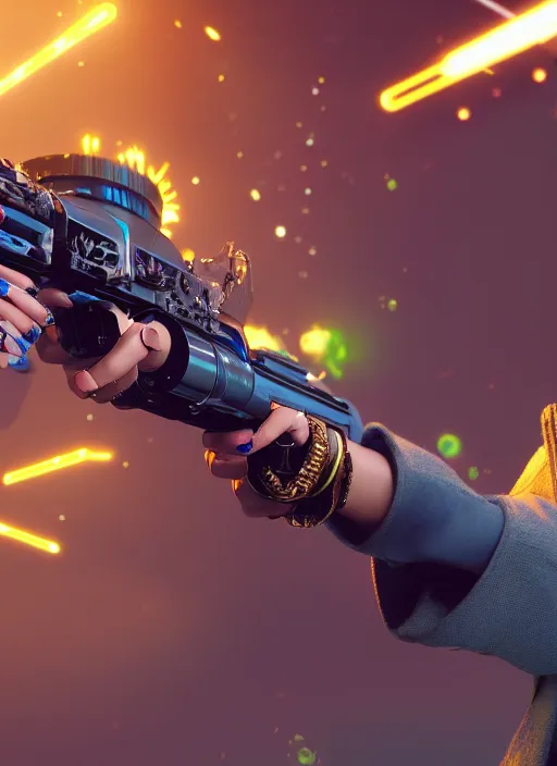 Prompt: a typical Raypunk depiction of a woman holding a raygun blaster, octane render, action shot, motion blur, subsurface scattering, life like, intricate detail, 4K HD