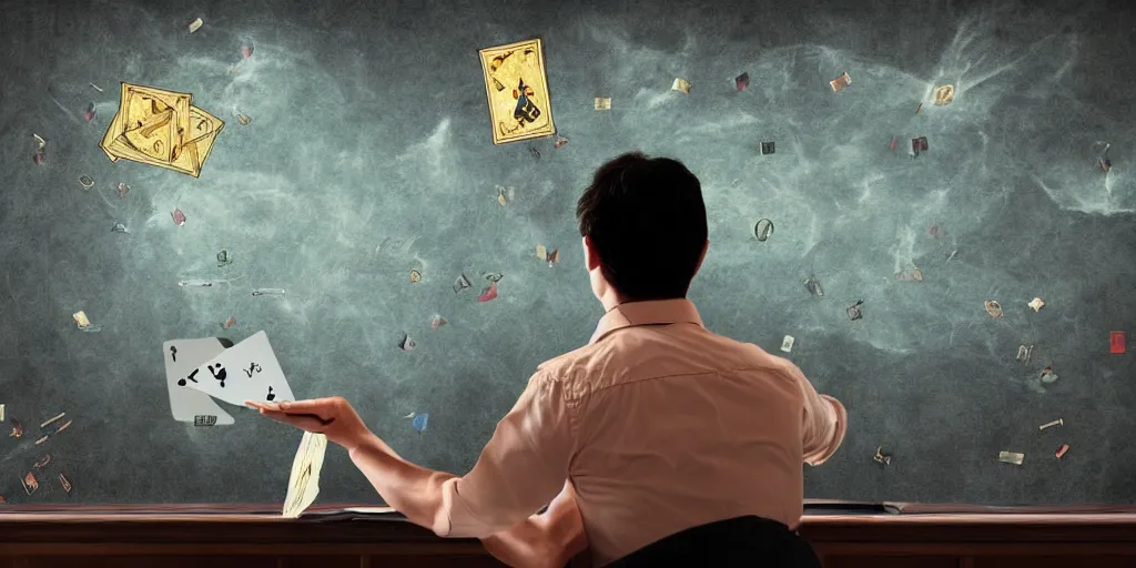 Image similar to back shot of male accountant examining the mysteries of tarot cards on a magical blackboard, fantasy art, matte painting, high quality