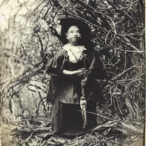 Image similar to portrait of a ratched witch holding a voodoo doll in an ominous forest, 1 9 0 0 s photography