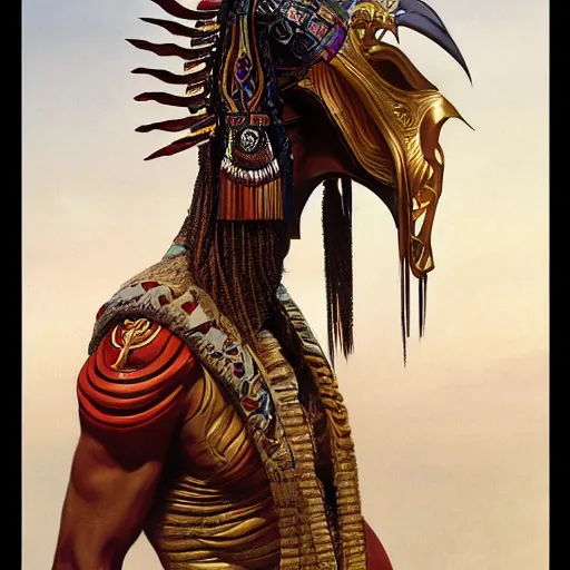 Prompt: seductive, clothed science fiction mutant byzantine noble with long neck and elaborate aztec headdress, by boris vallejo and greg rutkowski