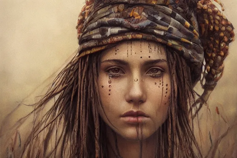 Prompt: a cinematic portrait painting of a beautiful girl wrapped in tribal clothing stood on a hill overlooking a vast serene landscape with a river, rainy day, beautiful lighting, depth, accurate details, by marco mazzoni