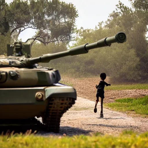 Prompt: a kid running away from a line of tanks coming towards him from behind, dslr photo