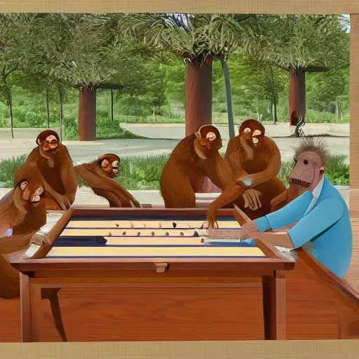 Image similar to A beautiful performance art of a group of monkeys playing backgammon. The monkeys are seated around a table, with some of them appearing to be deep in concentration while others appear to be playing more casually. octane 3d, chestnut by George Tice, by Jamie McKelvie mild, calm