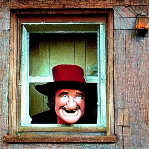 Prompt: robin williams as wurzel gummidge, looking in window at night, demented, wispy hair, drooling, slack jaw