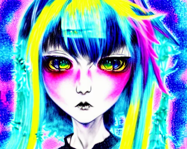 Image similar to neo tokyo japanese anime kawaii decora hologram of rimuru tempest, sky blue hair, golden yellow eyes, wearing black stylish clothing, holography, irridescent, baroque visual kei glitch art, a detailed pencil portrait with watercolor of a beautiful monster high doll, by sabrina eras, alice x. zhang, agnes cecile, blanca alvarez