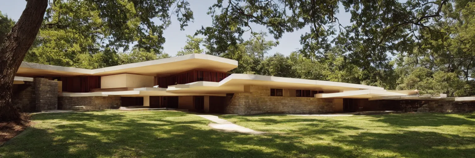 Prompt: midcentury architecture. modernism. wide shot. imagined by frank lloyd wright, photorealistic