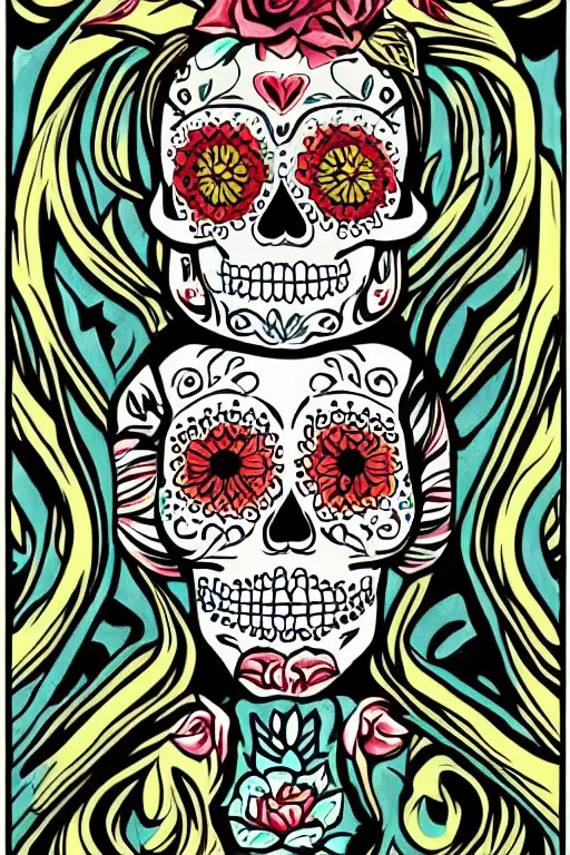 Prompt: Illustration of a sugar skull day of the dead girl, art by henry justice ford