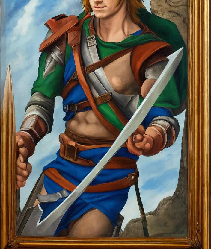 Image similar to oil painting portrait of Link holding the mastersword by Michelangelo