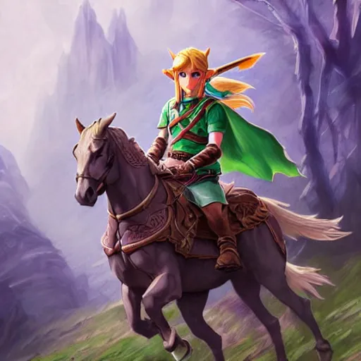 Prompt: Link from Ocarina of Time, riding a majestic horse through The lost woods of Hyrule, D&D, fantasy, intricate, elegant, highly detailed, digital painting, artstation, concept art, matte, sharp focus, illustration, art by Artgerm and Greg Rutkowski and Alphonse Mucha