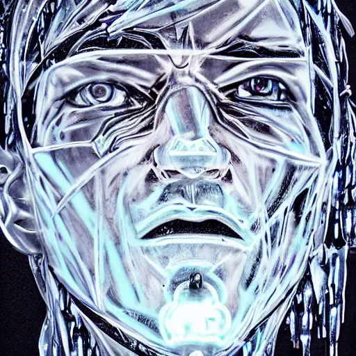 Image similar to man portrait made out of ice, beautiful, cyborg, comic book art, neon