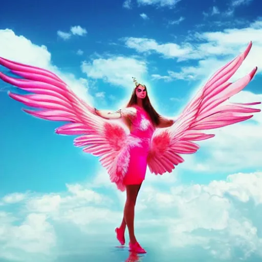 Image similar to goddess wearing a flamingo fashion on the clouds, photoshop, colossal, creative, giant, digital art, photo manipulation, clouds, sky view from the airplane window