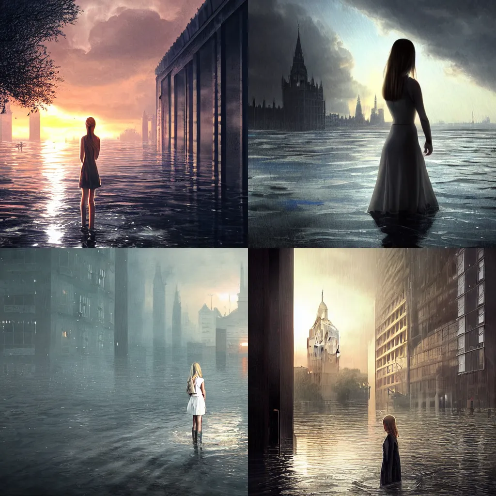 Prompt: Young blonde girl dressed in white looking at futuristic flooded london sunset,cinematic, realistic, by Greg Rutkowski