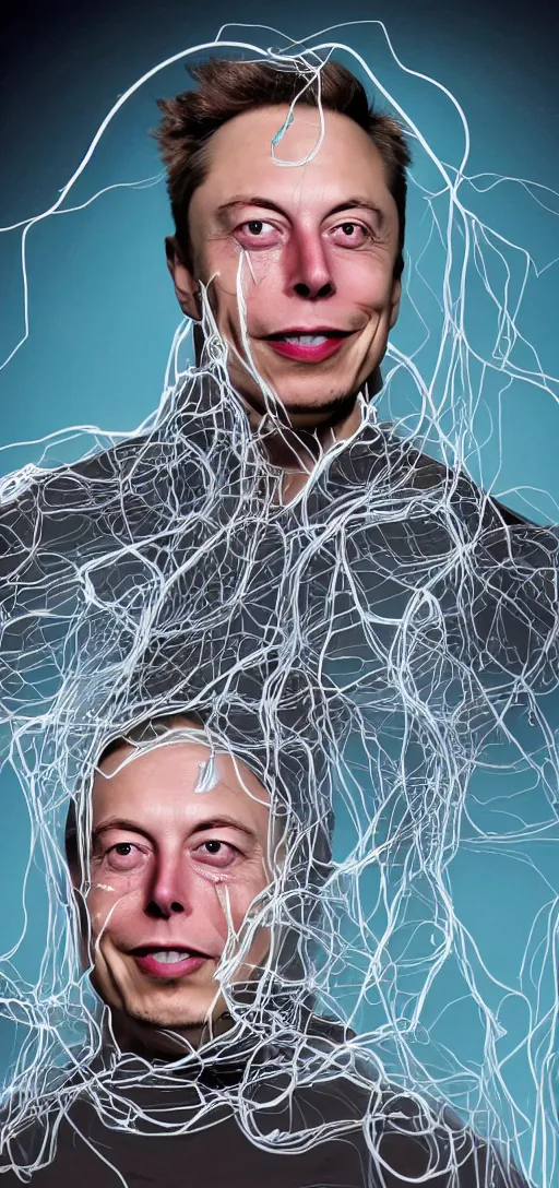 Prompt: horror picture of elon musks face dissolving into tubes and wires, 4K,