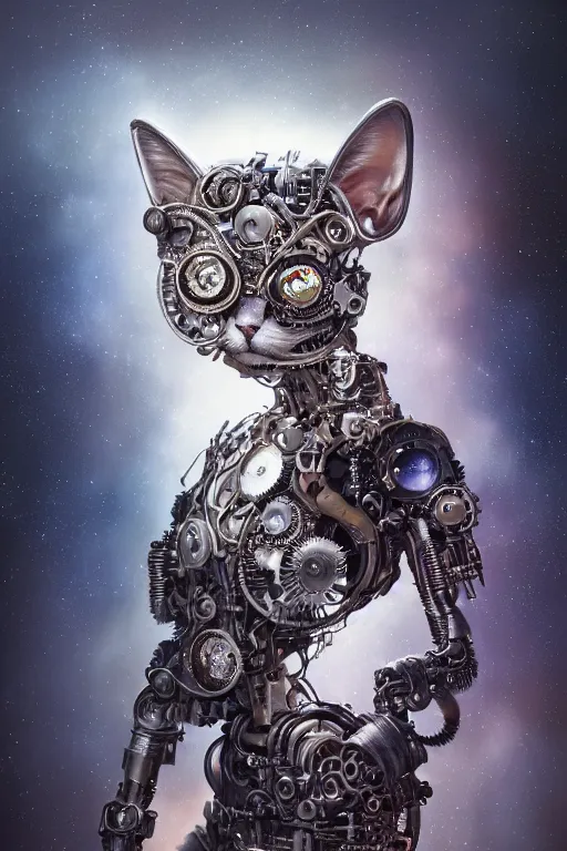 Image similar to a beautiful intricate fine art portrait photo of a a mechanical industrial steampunk cybernetic cute cat with large eyes against galactic space, soft backlight, by tom bagshaw and zach sutton, perfection!, milk bath photography, studio lighting, 5 0 mm lens, very detailed, bionic, cybernetic scifi, deep depth of field, artstation, 8 k, highly coherent