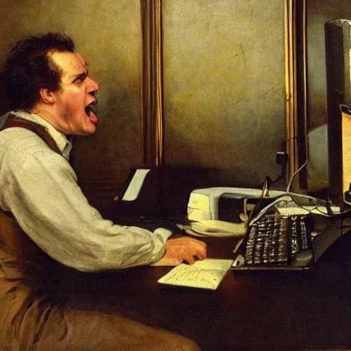 Image similar to an angry man yells at his computer monitor, oil on canvas, 1 8 8 3, highly detailed