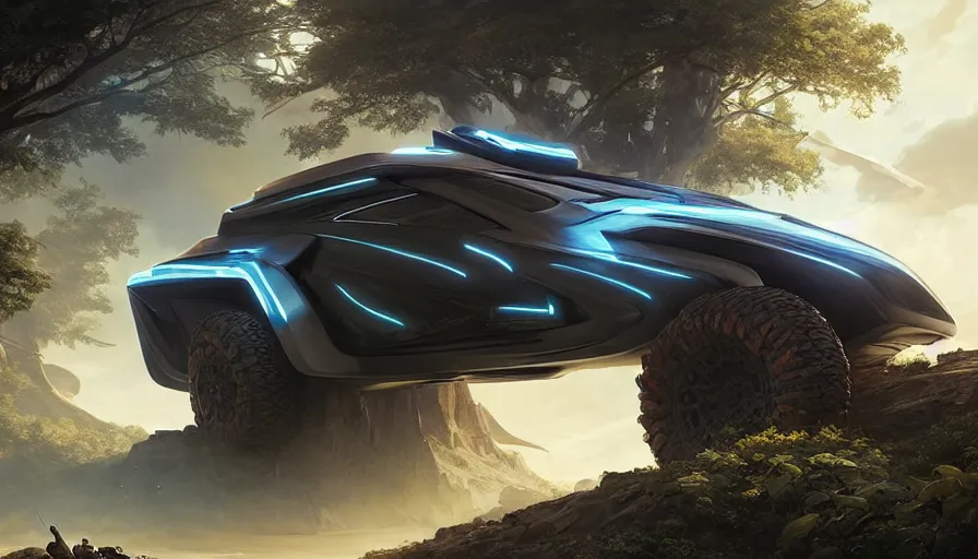 Prompt: a futuristic offroad suv by artgerm and greg rutkowski and alphonse mucha, zaha hadid, an epic fantasy, volumetric light, detailed, octane render, midsommar