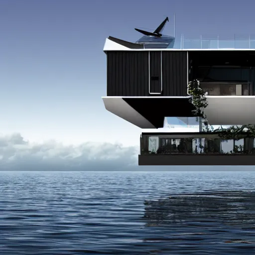 Image similar to a floating luxury house in the sky above a derelict city, the house is floating in the sky