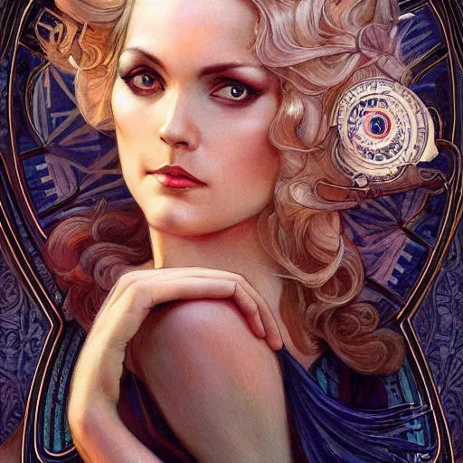 Prompt: an art nouveau, ( streamline moderne ), multi - racial portrait in the style of anna dittmann and donato giancola and gaston bussiere. very large, clear, expressive, and intelligent eyes. centered, ultrasharp focus, dramatic lighting, photorealistic digital matte painting, intricate symmetrical ultra detailed background.